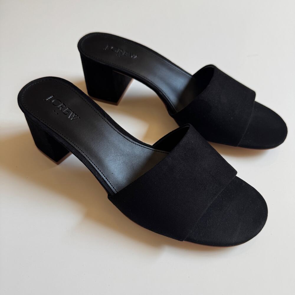 J. Crew Black Suede Slides Block Heels BH858 Size 9 EUC Open Toe Preppy Slip On